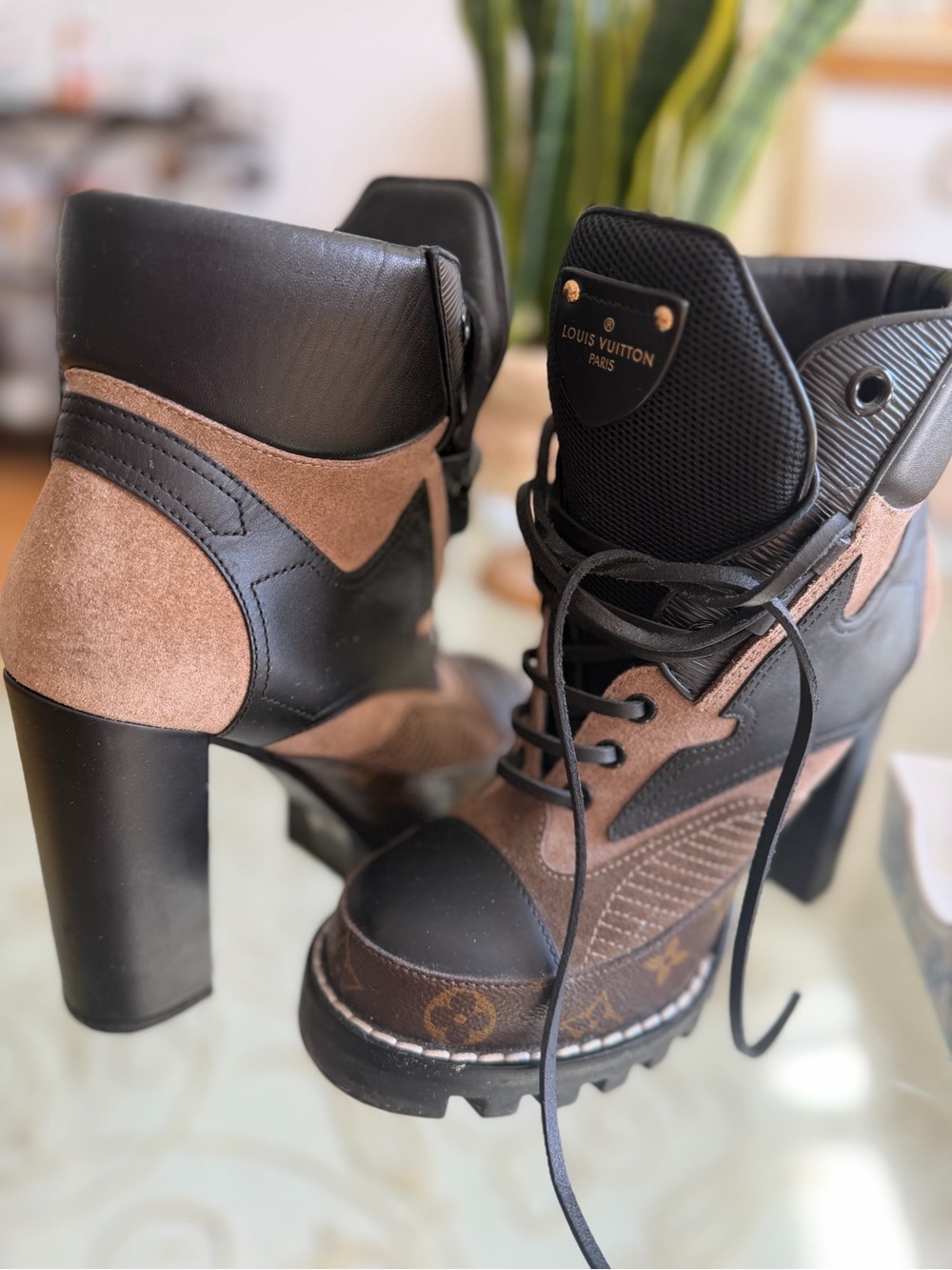 Louis Vuitton Black & Brown Suede Leather High Heel Lace-Up Boots